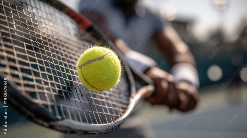 Obraz premium A tennis player holds a racket with a yellow ball positioned in the air. The setting is a tennis court during the day
