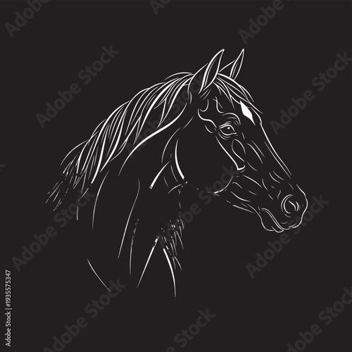 Elegant monochrome line portrait of a horse head with flowing mane, captured as a graceful silhouette.