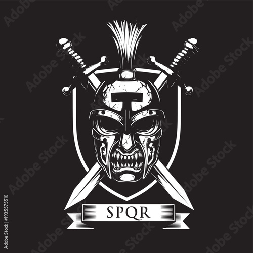 Dramatic black emblem featuring a fierce armored warrior helm with crossed swords and SPQR banner.