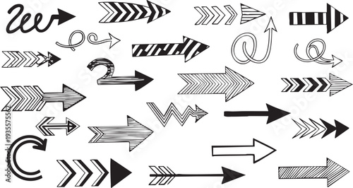 Versatile Arrow Icons Collection: Striped, Zigzag, Curly, Doodle Vector Graphics for UI & Creative Design"