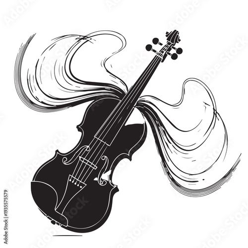 Stylized black violin with flowing abstract lines and swirls in grayscale design.
