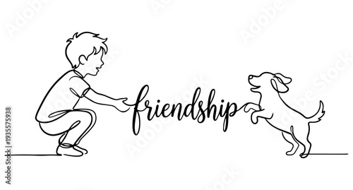A boy plays with a dog, the drawing is made with lines of different thicknesses. The word FRIENDSHIP is inscribed in a line. Minimalism. Line drawing. Stylization