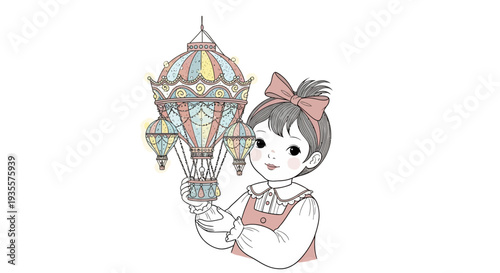 Young Girl Holding Colorful Hot Air Balloon.