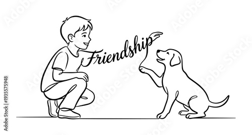 A boy plays with a dog, the drawing is made with lines of different thicknesses. The word FRIENDSHIP is inscribed in a line. Minimalism. Line drawing. Stylization