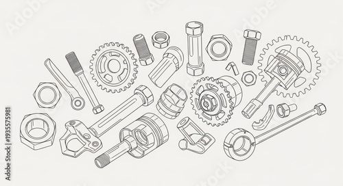 Collection of mechanical parts and gears in a sketch style.