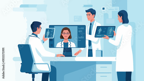 Medical professionals collaborating on patient diagnosis using digital screens and medical imaging in a modern healthcare setting