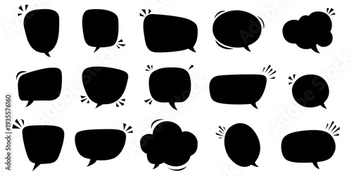 Collection of fifteen black solid speech bubbles in various rounded and irregular shapes, some with starburst accents