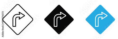 Right Turn Arrow Road Sign Icon Set. Traffic Direction Warning Symbol Vector Illustration for Navigation, Safety, and Transportation Design.