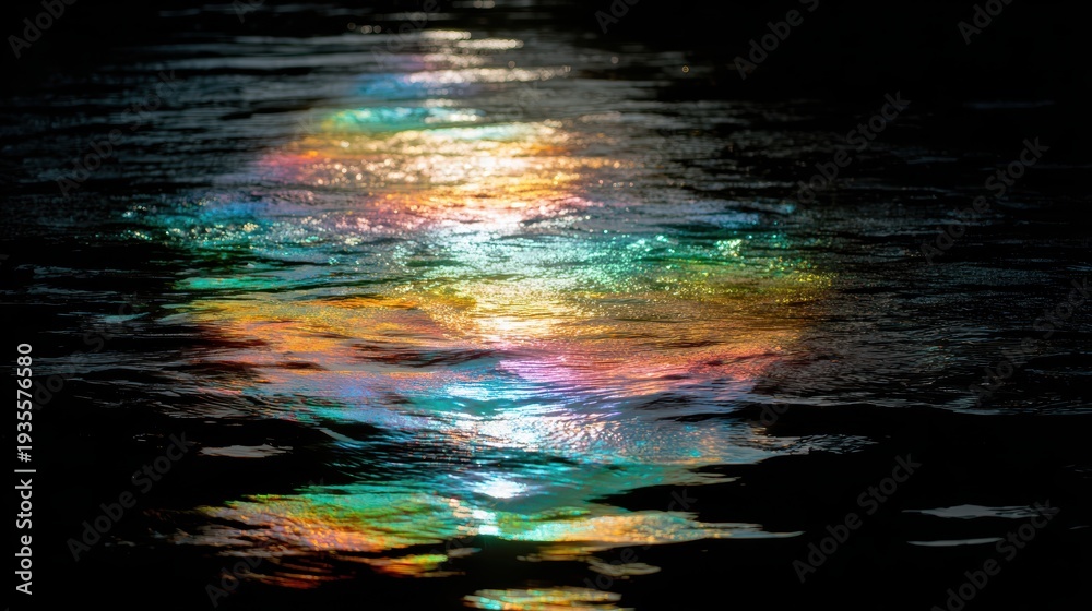 Obraz premium Rainbow Reflection on Water: A mesmerizing close-up of colorful light reflecting off the surface of water, creating an abstract and dreamy visual. Evoking a sense of mystery and surrealism.