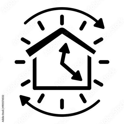Home time management and house clock concept with arrows and circular cycle. Real estate delivery, rental period, construction deadline, and around the clock service icon