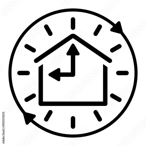 Home time management and house clock concept with arrows and circular cycle. Real estate delivery, rental period, construction deadline, and around the clock service icon.