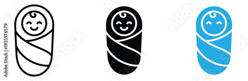 Newborn Baby in Swaddle Blanket Icon Set. Cute Sleeping Infant Vector Illustration for Pregnancy, Parenting, Pediatrics, and Maternity Design.