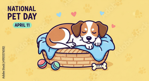 Cute dog sleeping on pet bed with toys on national pet day april 11 with hearts and paw print background