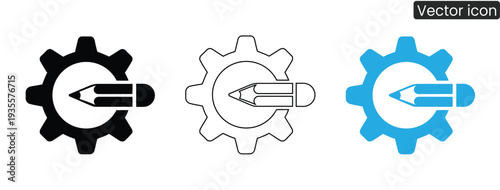 Modern gear with pencil vector icons in black, white, and blue for design and development projects
