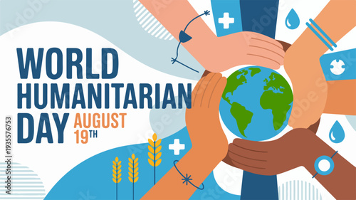 Diverse hands holding earth together world humanitarian day illustration august 19th global unity charity and aid concept
