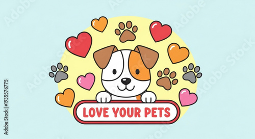 Cute dog face with hearts and paws on a sign that says love your pets on a blue background