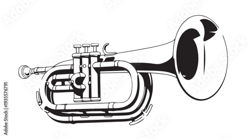Black and white trumpet illustration showcasing a brass musical instrument in profile.