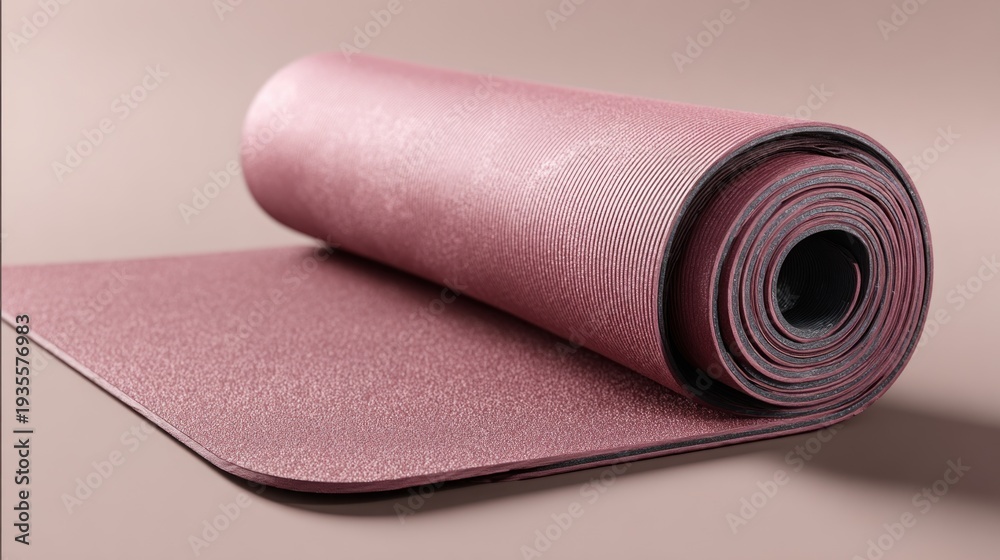 Obraz premium A rolled yoga mat is shown on a smooth surface, with the design extending diagonally. Soft light highlights its texture