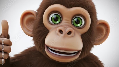 Cartoon monkey portrait with green eyes and furry, brown face smiling widely at viewer