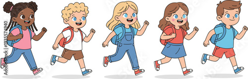 Group of Diverse Happy Cartoon Children Running with Backpacks Isolated on White Background for Back to School and Education Concept