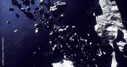 Photos Luminous asteroid cluster illuminated by starlight, mining prospect scenario, pr