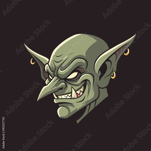 Green Goblin Character Face Illustration with Sharp Teeth and Pierced Ears