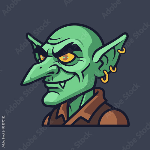 Green Goblin Character Portrait, Fantasy Creature, Evil Smile, Pierced Ears, Illustration