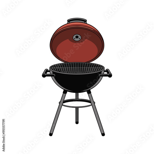 Red grill with lid open on white background barbecue black outdoor cooking
