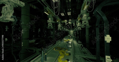 dim service corridor lined with pipes and conduits, leaking joints, scattered tools, damp floor reflections, low green lighting, maintenance crew scenario