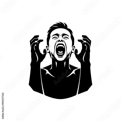Frustrated Man Screaming With Hands Up in Anger, Stress, and Rage - Black and White Vector Art