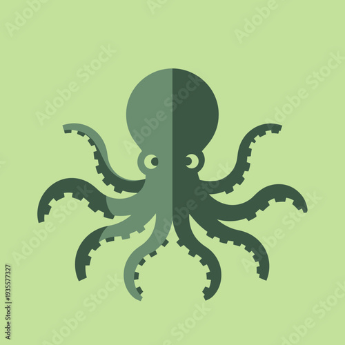 Flat design octopus illustration, cute marine animal with eight tentacles on a light green background