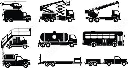 Industrial vehicle silhouettes set, crane truck, scissor lift, tanker truck, bus, trailer, pickup, helicopter carrier, heavy construction transport equipment vector icons collection