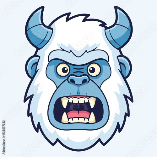Furious Yeti Monster Face with Horns, Snow Beast, Angry Abominable Snowman, Cartoon Style