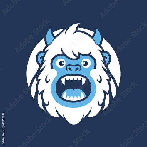 Funny cartoon yeti monster mascot, roaring with mouth open, blue and white, isolated on dark blue background