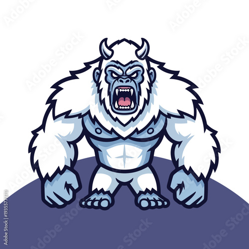 Furious Yeti Monster Mascot, Aggressive Snowman Creature with Horns, Cartoon Style