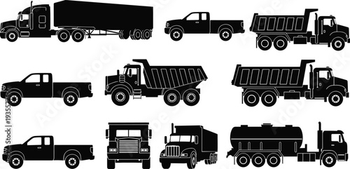 Truck silhouette collection set, dump truck, pickup truck, tanker truck, semi trailer, cargo transport vehicles logistics delivery vector icons illustration