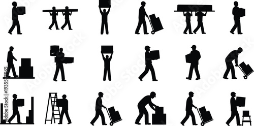 Warehouse worker silhouettes set, delivery men carrying boxes, loading cargo, moving packages, logistics labor actions, courier transport work vector collection