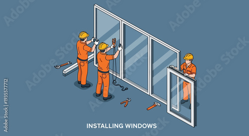 Illustration of workers installing large windows with tools on a blue background
