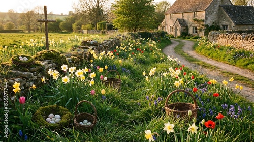 Wallpaper Mural Spring countryside landscape with blooming flowers and subtle Easter decorations placed naturally in grass Torontodigital.ca