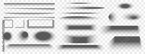 Set of soft gray shadow effects isolated on transparent background. Square, oval, round and rectangular shade shapes with blurry edges for box or page mockups. Vector realistic illustration.