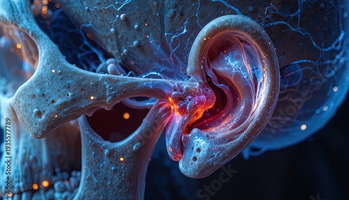 Human ear anatomy with glowing red nerves and blue veins