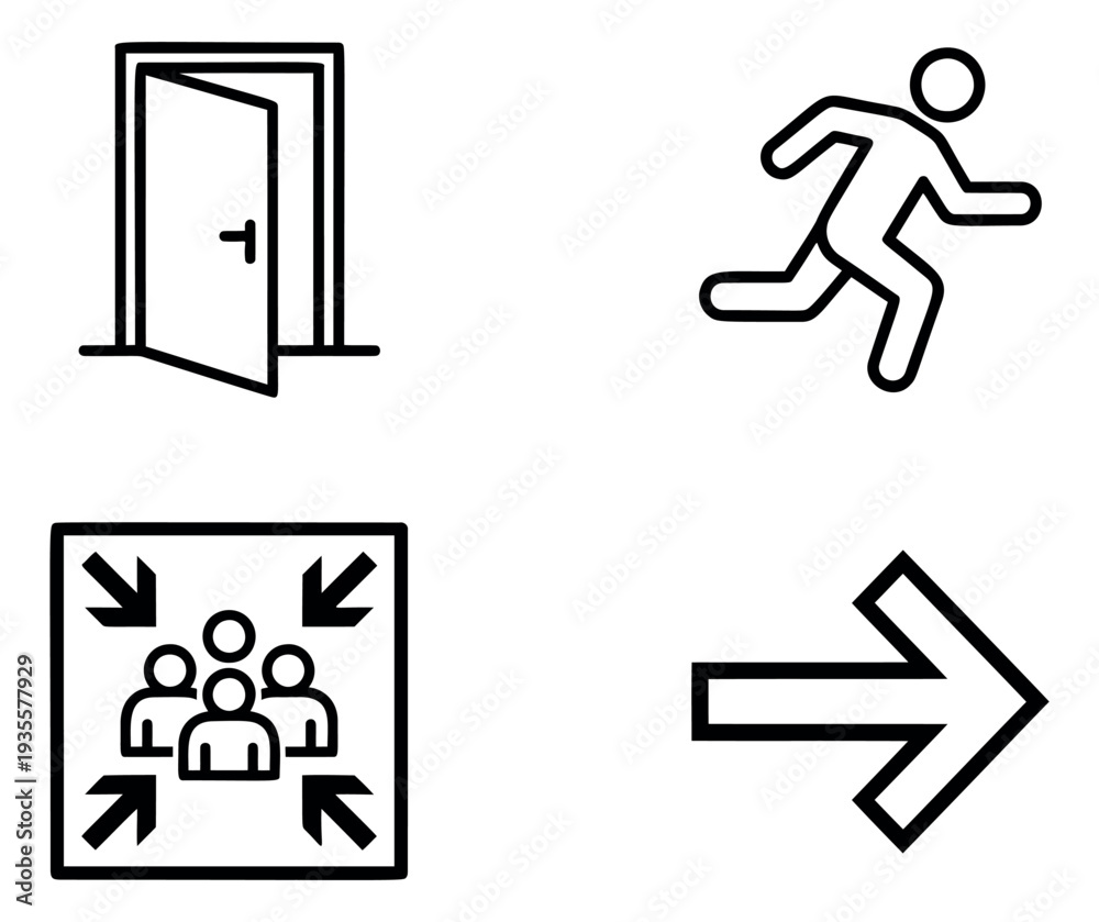 Fototapeta premium Line art safety icons set featuring an open door, a running person, an assembly point, and an arrow for emergency and evacuation instructions