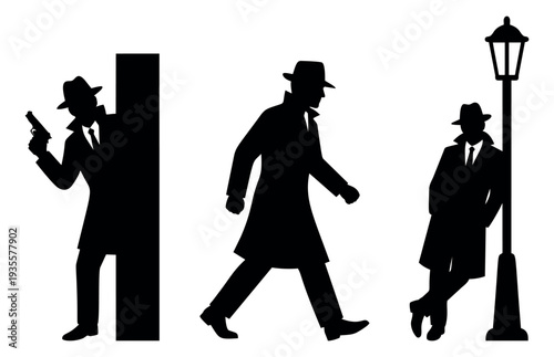 Silhouette spy set featuring mysterious agents in trench coats and fedoras for espionage and investigation