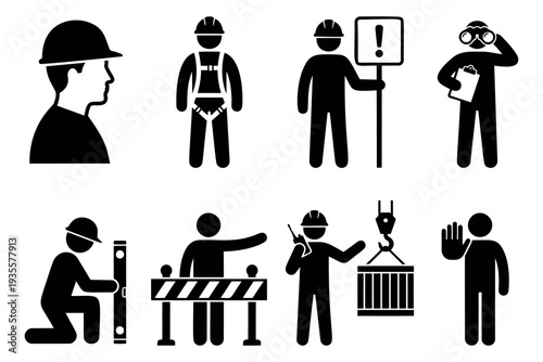 Simple silhouette construction worker icons set featuring various workers, safety gear, and industrial activities for workplace safety design