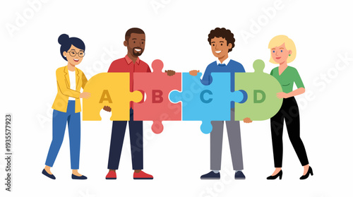 Diverse group of smiling professionals collaboratively assembling colorful puzzle pieces, symbolizing successful teamwork, problem-solving, and unity in business.
