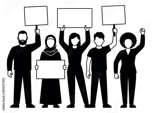 Modern illustration protest set featuring diverse activists holding blank signs for human rights and social justice