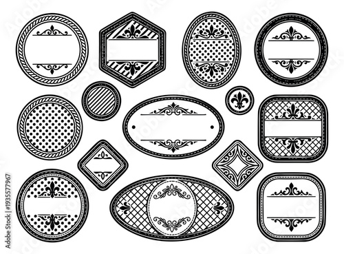 Ornate line art labels set featuring fleur-de-lis and decorative patterns for branding
