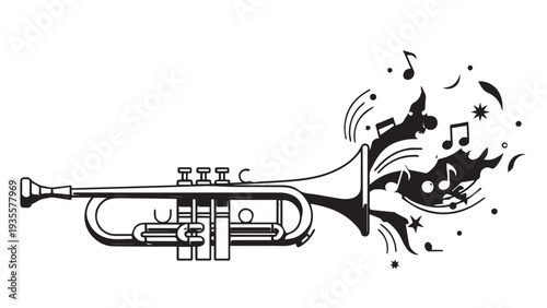 Vibrant trumpet illustration bursting with melody and playful musical notes.