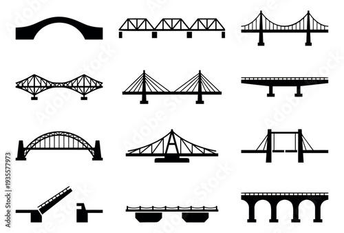Minimalist icon bridge set featuring various engineering designs for infrastructure projects