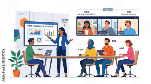 A diverse team of professionals collaborates effectively in a modern hybrid business meeting, seamlessly integrating in-person attendees with remote participants.